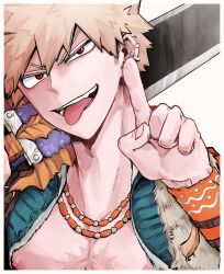 Rule 34 | 1boy, bakugou katsuki, bk baku3, blonde hair, boku no hero academia, cape, ear piercing, fur-trimmed cape, fur trim, jewelry, male focus, muscular, muscular male, necklace, nipples, official alternate costume, pectorals, piercing, red eyes, scar, scar on chest, short hair, solo, spiked hair, sword, tongue, tongue out, weapon