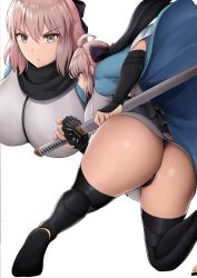 Rule 34 | 1girl, absurdres, arm guards, ass, black bow, black panties, black scarf, bow, breasts, fate/grand order, fate (series), from below, grey eyes, hair bow, highres, holding, holding sword, holding weapon, japanese clothes, kimono, large breasts, looking at viewer, multiple views, okita souji (fate), okita souji (koha-ace), panties, pink hair, roina (effj7473), scarf, shiny skin, short kimono, simple background, sleeveless, sleeveless kimono, sword, underwear, weapon, white background, white kimono
