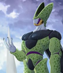 Rule 34 | 1boy, arm at side, black nails, cell (dragon ball), cloud, commentary request, dragon ball, dragonball z, hand up, highres, looking up, male focus, muscular, nail polish, parted lips, perfect cell, pink eyes, rain, sky, solo, takumi1230g, teeth, water, wet, wings