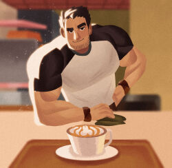 Rule 34 | 1boy, apron, bara, barista, beard stubble, black hair, cafe, caldatelier, coffee cup, counter, cup, derivative work, disposable cup, facial hair, highres, huge eyebrows, large pectorals, latte art, leaning forward, looking at viewer, lucas lee, male focus, muscular, muscular male, on table, pectorals, penis-shaped foam, scott pilgrim (series), scott pilgrim takes off, screenshot redraw, shirt, short hair, short sleeves, smile, solo, stubble, sunlight, t-shirt, table, tight clothes, tight shirt, tray, uneven eyes