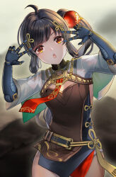 Rule 34 | 1girl, absurdres, ahoge, black hair, chinese clothes, for-miku, hair ornament, highres, long hair, mecha musume, mechanical arms, necktie, open mouth, orange eyes, ponytail, pulao (punishing: gray raven), punishing: gray raven, red necktie, short sleeves, side ponytail, teeth, thighs, upper teeth only