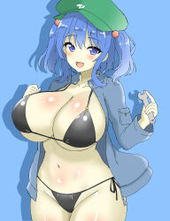 Rule 34 | 1girl, :d, absurdres, bikini, black bikini, blue background, blue eyes, blue hair, blue jacket, breasts, cleavage, commentary, cowboy shot, flat cap, green hat, groin, hat, highres, holding, holding wrench, huge breasts, jacket, kawashiro nitori, long sleeves, looking at viewer, navel, open clothes, open jacket, open mouth, shirokumall, simple background, smile, solo, swimsuit, touhou, two side up, wrench