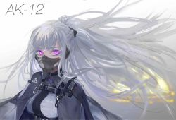Rule 34 | 1girl, ak-12 (girls&#039; frontline), braid, cape, commentary, french braid, gas mask, girls&#039; frontline, glowing, glowing eyes, hair lift, hair ribbon, high ponytail, long hair, mask, moon-tower, pink eyes, ribbon, sidelocks, silver hair, solo, tactical clothes