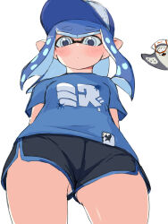 Rule 34 | 1boy, 1girl, arms behind back, baseball cap, big man (splatoon), blue eyes, blue hair, breasts, commentary request, dolphin shorts, from below, hat, highres, inkling, inkling girl, inkling player character, looking at viewer, naitou kouse, nintendo, pointy ears, short shorts, shorts, small breasts, splatoon (series), splatoon 3, tentacle hair, upshorts