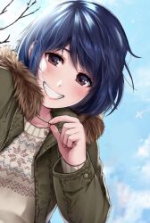 Rule 34 | 1girl, :d, adjusting necklace, aircraft, airplane, blue hair, blue sky, blush, bob cut, brown eyes, cloud, coat, contrail, cover, cover page, domestic na kanojo, eyelashes, fur-trimmed coat, fur trim, green coat, grin, highres, hood, hood down, jewelry, knit sweater, long sleeves, looking at viewer, manga cover, messy hair, necklace, non-web source, official art, open clothes, open coat, open mouth, outdoors, parted lips, pendant, sasuga kei, short hair, sky, smile, sweater, tachibana rui, textless version, tree, upper body, white sweater, wind, winter clothes