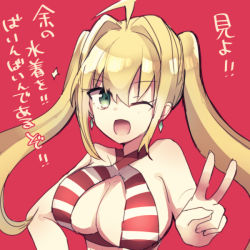 Rule 34 | 1girl, ahoge, bikini, blonde hair, cleavage cutout, clothing cutout, earrings, fate/grand order, fate (series), green eyes, hair between eyes, hair down, hair intakes, halterneck, hand on own hip, jewelry, nero claudius (fate), nero claudius (fate) (all), nero claudius (swimsuit caster) (fate), numachi doromaru, one eye closed, red background, red bikini, simple background, solo, sparkle, striped bikini, striped clothes, swimsuit, twintails, v