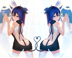 Rule 34 | 10s, 1girl, angel and devil, angel wings, aran sweater, arm up, ass, backless dress, backless outfit, bare arms, bare back, bare shoulders, black sweater, black vs white, blood, blue eyes, blue hair, blush, breasts, butt crack, cable knit, closed mouth, cowboy shot, demon girl, demon horns, demon tail, different reflection, dress, dripping, eyelashes, feathers, from behind, frown, gabriel dropout, hair between eyes, hair ornament, hairclip, halo, hand up, heart, heart tail duo, horns, injury, intertwined tails, looking at viewer, looking back, medium breasts, meme attire, motion blur, multiple views, naked sweater, nooko, one eye covered, purple eyes, purple hair, reflection, short hair, sideboob, sweater, sweater dress, symmetrical pose, symmetry, tail, thighhighs, turtleneck, turtleneck sweater, vignette tsukinose april, virgin killer sweater, white sweater, white thighhighs, wings, x hair ornament