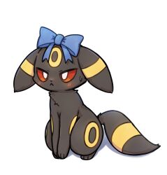 Rule 34 | blush, bow, closed mouth, colored sclera, creatures (company), frown, game freak, gen 2 pokemon, markings, nintendo, no humans, pokemon, pokemon (creature), red sclera, simple background, sitting, solo, tigerlover2625, umbreon, white background, white eyes
