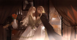 Rule 34 | 2girls, audrey hall, bed, black cloak, blonde hair, brown gloves, candle, cape, chest of drawers, cloak, clock, curtains, dress, earrings, flower, gloves, green dress, green eyes, hand on another&#039;s face, heimeng, highres, jewelry, looking at another, lord of the mysteries, mirror, multiple girls, pillow, portrait (object), rose, smile, tears, vase