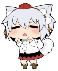 Rule 34 | 1girl, :3, :d, = =, animal ears, blush, chibi, closed eyes, dog ears, dog tail, female focus, geta, hat, inubashiri momiji, long sleeves, no nose, open mouth, pom pom (clothes), silver hair, simple background, skirt, smile, socks, solo, standing, tail, tokin hat, touhou, ume (noraneko), white background, wolf ears