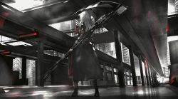 Rule 34 | 1girl, 3d, animal ears, bridge, building, cloud, highres, holding, holding scythe, holding weapon, long hair, original, outdoors, reflection, reverse grip, scenery, science fiction, scythe, solo, stairs, standing, tuda6, weapon, white hair