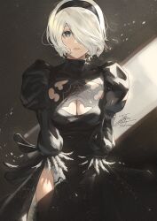 Rule 34 | 1girl, aqua eyes, black dress, black hairband, breasts, cleavage, dress, fadingz, hair over one eye, hairband, highres, lips, long sleeves, looking at viewer, medium breasts, mole, mole under mouth, nier (series), nier:automata, pixiv id, puffy long sleeves, puffy sleeves, short hair, signature, solo, white hair, 2b (nier:automata)