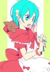 Rule 34 | 1girl, alternate hair length, alternate hairstyle, apron, azurite0012, back bow, blue eyes, blue hair, blush, bow, bracelet, capelet, dress, flower, flying sweatdrops, hair flower, hair ornament, hand on own cheek, hand on own face, hatsune miku, holding, holding flower, hood, hooded capelet, jewelry, mikuzukin (module), nail polish, open mouth, project diva (series), short hair, short sleeves, smile, solo, stuffed wolf, vocaloid