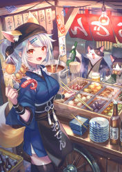 Rule 34 | 1girl, absurdres, animal ears, bandana, beer mug, black thighhighs, blue kimono, bottle, breasts, cat, cat ears, cat girl, cat tail, chopsticks, cup, daikon, egg (food), food, food stand, hair ornament, hairpin, highres, japanese clothes, kimono, ladle, large breasts, light bulb, looking at viewer, mug, noren, oden, original, plate, plate stack, ponytail, pot, radish, red eyes, silver hair, skewer, solo focus, suzaku (zaku6584), tail, thighhighs, tire, yatai, yukata
