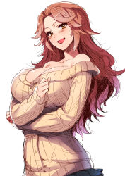 Rule 34 | 10s, 1girl, absurdres, bare shoulders, blush, breast hold, breasts, brown eyes, brown hair, buttons, cardigan, cleavage, hamakawa ayuna, highres, idolmaster, idolmaster cinderella girls, large breasts, long hair, looking at viewer, matching hair/eyes, off-shoulder, off-shoulder sweater, off shoulder, open mouth, ribbed sweater, simple background, skirt, smile, solo, sweater, white background, whoosaku