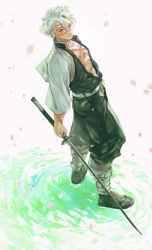 Rule 34 | 1boy, belt, black pants, closed mouth, collarbone, cross scar, demon slayer uniform, from above, from side, full body, hair between eyes, highres, holding, holding sword, holding weapon, jacket, kimetsu no yaiba, leg belt, leg wrap, long sleeves, looking at viewer, looking to the side, looking up, mak (kainemaru), male focus, open clothes, pants, pectoral cleavage, pectorals, petals, ripples, sandals, scar, scar on arm, scar on chest, scar on face, scar on forehead, scar on nose, shinazugawa sanemi, short hair, solo, standing, standing on liquid, sword, tabi, unsheathed, water, weapon, white background, white hair, white jacket, zouri
