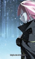 Rule 34 | 1girl, black cape, black dress, breasts, cape, dress, english text, from side, highres, hololive, hololive english, kuroi enpitsu, large breasts, looking down, mori calliope, open mouth, pink eyes, pink hair, solo, spikes, tiara, veil, virtual youtuber