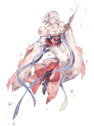 Rule 34 | 1girl, closed eyes, clothing request, detached collar, facing to the side, floral print, flower, food fantasy, full body, hair flower, hair ornament, hanabira mochi (food fantasy), head tilt, highres, japanese clothes, layered clothes, official art, pale skin, second-party source, smile, traditional clothes, transparent background, white hair