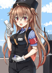 Rule 34 | 1girl, armband, black pants, black vest, brown eyes, commentary request, corded phone, cosplay, cowboy shot, employee uniform, female service cap, gloves, gradient hair, hair flaps, hat, heterochromia, id card, isonami (kancolle), isonami (kancolle) (cosplay), kantai collection, kepi, light brown hair, long hair, looking at viewer, mayura (lucadia), military hat, multicolored hair, murasame (kancolle), open mouth, pants, phone, red eyes, smile, solo, two side up, uniform, vest, whistle, white gloves, yokohama seaside line