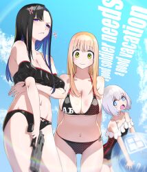Rule 34 | 3girls, absolute (nikke), absurdres, alternate costume, anger vein, arms behind back, asymmetrical bangs, ball, bare shoulders, beachball, bikini, black bikini, black hair, black one-piece swimsuit, blonde hair, blue eyes, blue sky, blush, breasts, cleavage, closed mouth, clothes writing, cloud, collarbone, colored inner hair, commentary request, cowboy shot, day, detached sleeves, emma (nikke), english text, eunhwa (nikke), forehead, frilled bikini, frills, frown, fune (fune93ojj), goddess of victory: nikke, green eyes, grey hair, groin, gun, halftone, highres, holding, holding ball, holding beachball, holding gun, holding weapon, large breasts, leaning forward, long hair, looking at viewer, medium breasts, multicolored hair, multiple girls, navel, one-piece swimsuit, open mouth, parted lips, puffy detached sleeves, puffy sleeves, purple eyes, purple hair, short hair, sidelocks, sky, smile, standing, stomach, swimsuit, two-tone hair, vesti (nikke), weapon