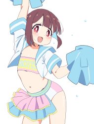 Rule 34 | 1girl, :d, arm up, blue hair, blue sailor collar, blunt bangs, blunt ends, brown eyes, brown hair, cheerleader, clothes writing, colored inner hair, commentary, cowboy shot, cropped shirt, dot nose, flat chest, flying sweatdrops, highres, holding, holding pom poms, hozuki momiji, light blush, looking at viewer, midriff, multicolored hair, navel, noyama takenoko, official alternate costume, onii-chan wa oshimai!, open clothes, open mouth, open shirt, pom pom (cheerleading), pom poms, sailor collar, sailor shirt, shirt, short hair, short sleeves, simple background, smile, solo, strapless, tube top, two-tone hair, white background