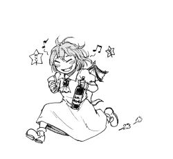 Rule 34 | boots, bottle, commentary, commentary request, closed eyes, fang, glass, greyscale, koyubi (littlefinger1988), long skirt, monochrome, musical note, open mouth, puffy short sleeves, puffy sleeves, remilia scarlet, running, short hair, short sleeves, simple background, skirt, solo, spoken musical note, star (symbol), touhou, white background, wings