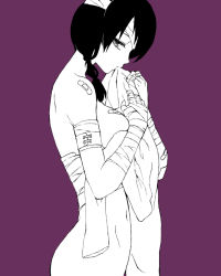 Rule 34 | 00s, 1girl, bad id, bad pixiv id, bandage over one eye, bandages, bandaid, bandaid on arm, bandaid on hand, black hair, braid, breasts, covering privates, covering breasts, female focus, from side, kobushi abiru, large breasts, looking at viewer, monochrome, mouth hold, navel, nude, profile, purple background, sayonara zetsubou sensei, shanghai man, simple background, solo, swept bangs