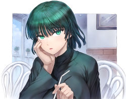 Rule 34 | 1girl, blunt bangs, blunt ends, border, breasts, brick wall, chair, cloud, dress, drinking straw, fubuki (one-punch man), green dress, green eyes, green hair, hand on own face, highres, holding, huge breasts, long sleeves, looking at viewer, medium hair, mogudan, one-punch man, open mouth, outdoors, outside border, parted lips, picture frame, plant, potted plant, sidelocks, sitting, sky, solo, tsurime, upper body, white border