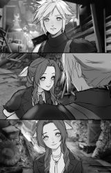 Rule 34 | 1boy, 1girl, absurdres, aerith gainsborough, armor, arms behind back, asymmetrical hair, braid, braided ponytail, buster sword, choker, cloud strife, cropped jacket, final fantasy, final fantasy vii, final fantasy vii remake, flower choker, greyscale, hair ribbon, highres, leaning forward, looking at another, looking at viewer, midgar, mochee bi, monochrome, multiple views, parted bangs, parted lips, ribbon, short sleeves, shoulder armor, sidelocks, sleeveless, sleeveless turtleneck, smile, spiked hair, square enix, suspenders, turtleneck, upper body, weapon, weapon on back