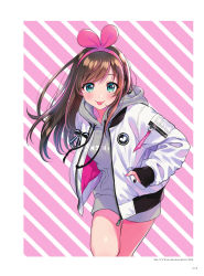 Rule 34 | 1girl, :p, aqua eyes, brown hair, closed mouth, diagonal stripes, fingernails, grey hoodie, hairband, hand in pocket, highres, hood, hood down, hoodie, jacket, kizuna ai, kizuna ai inc., leaning forward, long hair, long sleeves, looking at viewer, morikura en, multicolored hair, nail polish, official art, open clothes, open jacket, page number, pink hair, pink hairband, pink nails, shiny skin, sleeves past wrists, smile, solo, streaked hair, striped, striped background, thigh gap, tongue, tongue out, virtual youtuber, white jacket