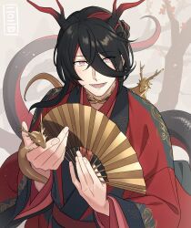 Rule 34 | 1boy, :d, bad link, black hair, blush, chorefuji, commentary request, hair between eyes, hand fan, happy, highres, holding, horns, japanese clothes, jewelry, kimono, long hair, long sleeves, looking at viewer, lower teeth only, male focus, multicolored hair, neck ring, open mouth, original, red eyes, red hair, red kimono, scales, smile, solo, tail, teeth, tree, two-tone hair