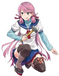 Rule 34 | 1girl, akashi (kancolle), blue sailor collar, blue skirt, brown thighhighs, commentary request, full body, green eyes, hair ribbon, hammer, highres, hip vent, kantai collection, long hair, long sleeves, looking to the side, pink hair, pleated skirt, ribbon, sailor collar, school uniform, serafuku, simple background, skirt, solo, squatting, thighhighs, tongue, tongue out, tress ribbon, tsuneo (kaijou noumu), white background