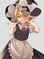 Rule 34 | 1girl, apron, black hat, black skirt, blonde hair, bow, braid, contrapposto, cowboy shot, fingers to cheeks, frilled apron, frills, grey background, grin, hair between eyes, hands up, hat, hat bow, highres, index finger raised, kirisame marisa, long hair, puffy sleeves, short sleeves, simple background, skirt, smile, solo, star (symbol), teeth, toufuoishiiiiii, touhou, waist apron, white apron, white bow, witch hat, yellow eyes