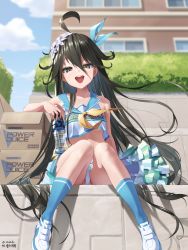 Rule 34 | 1girl, :d, absurdres, ahoge, armpits, bare arms, bare shoulders, black eyes, black hair, blue socks, bottle, box, cardboard box, cheerleader, counter:side, crop top, crop top overhang, day, flower, hair between eyes, hair flower, hair ornament, hair ribbon, highres, holding, kneehighs, knees together feet apart, long hair, looking at viewer, manda (luts7602), messy hair, midriff, miniskirt, neckerchief, open mouth, outdoors, panties, pantyshot, pom pom (cheerleading), revision, ribbon, sailor collar, shirt, shoes, sitting, skirt, sky layfield, sleeveless, sleeveless shirt, smile, socks, solo, stomach, thighs, underwear, very long hair, water bottle, white panties, white shirt, white skirt