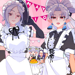 Rule 34 | 4girls, akagi towa, alternate costume, animal ears, apron, arm up, black bow, black bowtie, black dress, black gloves, black ribbon, blue hair, bow, bowtie, cat ears, center frills, closed mouth, collared dress, commentary, cone hair bun, dated, double bun, dress, earrings, eating, elbow gloves, enmaided, fake animal ears, folded ponytail, food, fresh precure!, frilled cuffs, frills, frown, glaring, gloves, go! princess precure, grey hair, hair bun, half-closed eyes, heart apron, higashi setsuna, holding, holding spoon, holding tray, hugtto! precure, in-franchise crossover, indoors, jewelry, jitome, kurokawa eren, long hair, looking at another, looking at viewer, maid, maid apron, maid day, maid headdress, medium hair, multiple girls, neck ribbon, omelet, omurice, open mouth, parted bangs, pointy ears, precure, puffy short sleeves, puffy sleeves, purple eyes, purple hair, red eyes, ribbon, ruru amour, short hair, short sleeves, spoon, standing, string of flags, suite precure, swept bangs, ton (ton39342104), trait connection, tray, very long hair, white apron, yellow eyes