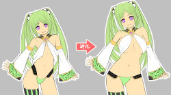 Rule 34 | 1girl, absurdres, age progression, breast expansion, breasts, flat chest, green hair, highres, km (nijie104352), long hair, long sleeves, multiple views, navel, original, purple eyes, simple background, single thighhigh, smile, striped clothes, striped thighhighs, thighhighs, twintails, vertical-striped clothes, vertical-striped thighhighs