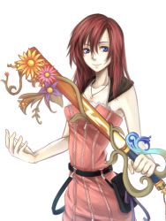 Rule 34 | 1girl, ayu miko, blue eyes, hair between eyes, jewelry, kairi (kingdom hearts), keyblade, kingdom hearts, necklace, red hair, simple background, smile, solo