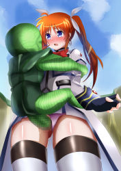 Rule 34 | 1boy, 1girl, blue eyes, blush, brown hair, clothed sex, clothing aside, dragon ball, dragonball z, hair ribbon, hetero, highres, long hair, lyrical nanoha, magical girl, mahou shoujo lyrical nanoha strikers, monster sex, open mouth, outdoors, panties, panties aside, pink panties, rape, ribbon, saibaiman, sex, sky, takamachi nanoha, thighhighs, twintails, underwear, vaginal, void (k-t-m-777), white thighhighs