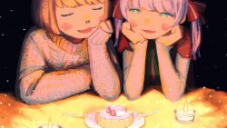 Rule 34 | 2girls, :3, alternate costume, alternate hair color, animal nose, blonde hair, blush, cake, candle, commentary, facing another, food, fork, green eyes, grey sweater, hair ribbon, half-closed eyes, hand on own chin, hands on own chin, head rest, highres, layered sleeves, long sleeves, looking at another, looking to the side, mochi hiyoko, mochipro, mode aim, multiple girls, open mouth, plate, ponpoko (vtuber), purple hair, red ribbon, red shirt, ribbon, shared food, shirt, short hair, short over long sleeves, short sleeves, side-by-side, smile, snowing, sweater, table, turtleneck, turtleneck sweater, twintails, upper body, utochan (uptkop), virtual youtuber, white sleeves