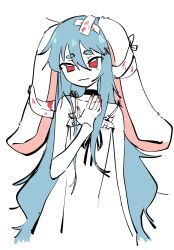 Rule 34 | 1girl, :3, absurdres, animal ears, bandages, bare shoulders, black choker, black ribbon, blood, blood stain, blue hair, choker, dress, eds, frilled dress, frills, hair between eyes, hand on own chest, highres, hikimayu, indie virtual youtuber, light blue hair, long hair, looking at viewer, lop rabbit ears, para (vtuber), rabbit ears, red eyes, red nails, ribbon, spaghetti strap, very long hair, virtual youtuber, white background, white dress