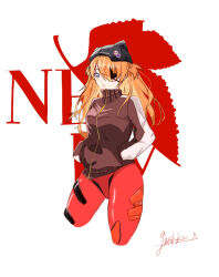 1girl artist_request baseball_cap blue_eyes bodysuit bodysuit_under_clothes breasts brown_hair evangelion:_3.0_you_can_(not)_redo eyepatch hair_ornament hands_in_pockets hat jacket large_breasts logo long_hair looking_at_viewer mecha_pilot_suit neon_genesis_evangelion plugsuit rebuild_of_evangelion red_bodysuit simple_background solo souryuu_asuka_langley standing track_jacket wide_hips