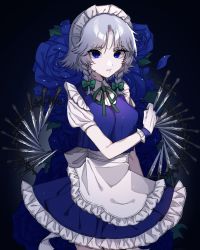 Rule 34 | 1girl, absurdres, apron, between fingers, black background, blue eyes, blue flower, blue rose, blue skirt, blue vest, braid, breasts, collared shirt, commentary request, flower, frilled apron, frilled skirt, frills, hair ribbon, highres, holding, holding knife, izayoi sakuya, knife, knives between fingers, maid, maid apron, maid headdress, medium breasts, neck ribbon, parted lips, puffy short sleeves, puffy sleeves, ribbon, rose, sabapi oo, shirt, short hair with long locks, short sleeves, sidelocks, silver hair, simple background, skirt, solo, touhou, tress ribbon, twin braids, vest, waist apron, white apron, white shirt, wing collar, wrist cuffs
