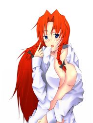 Rule 34 | 1girl, bad id, bad pixiv id, blue eyes, blush, braid, breasts, embodiment of scarlet devil, female focus, hong meiling, large breasts, long hair, noomu (no-mu), noumu, open clothes, red hair, simple background, solo, touhou, twin braids, white background