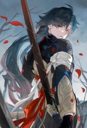 Rule 34 | 1boy, ahoge, bandaged arm, bandages, bare tree, black gloves, black hair, black jacket, blade (honkai: star rail), closed mouth, commentary request, earrings, floating hair, gloves, gradient hair, hair between eyes, hair intakes, highres, holding, holding sword, holding weapon, honkai: star rail, honkai (series), jacket, jewelry, long sleeves, looking at viewer, looking back, male focus, multicolored hair, mumu vosp, outdoors, parted bangs, petals, planted, planted sword, planted weapon, red eyes, red hair, red ribbon, ribbon, solo, standing, stud earrings, sword, tree, weapon