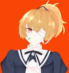 Rule 34 | 1girl, andou tazusa, arms at sides, assault lily, bandaged head, bandages, bandaid, bandaid on face, black ribbon, blonde hair, breasts, buttons, closed mouth, commentary request, expressionless, hair between eyes, hair ribbon, high ponytail, highres, light particles, looking at viewer, medium breasts, neck ribbon, on (phantasm flower), one eye covered, ponytail, portrait, puffy sleeves, purple ribbon, red background, red eyes, ribbon, school uniform, shirt, short hair, simple background, solo, striped ribbon, white shirt, yurigaoka girls academy school uniform