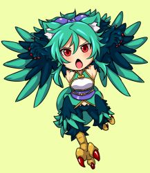 Rule 34 | 1girl, animal ears, armpits, arms up, bow, chibi, claws, clearite, feathered wings, feathers, hair bow, harpy, monster girl, morgan (shinrabanshou), open mouth, running, shinrabanshou, simple background, solo, talons, winged arms, wings