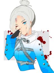 Rule 34 | alternate hairstyle, animification, apex legends, belt, blood, blood on face, blood splatter, blue eyes, blue jacket, breasts, commentary, english commentary, flashpoint wraith, gradient jacket, grey belt, grey hair, hair behind ear, highres, itsaboutspoons, jacket, looking at viewer, medium breasts, official alternate costume, one eye closed, parted bangs, solo, white jacket, wraith (apex legends)