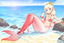 Rule 34 | 1girl, beach, blue eyes, blue sky, bracelet, breasts, cleavage, cloud, cloudy sky, commentary request, crown, fins, fish tail, hair between eyes, highres, honkai (series), honkai impact 3rd, horizon, jewelry, long hair, looking at viewer, low-tied long hair, low ponytail, mermaid, midriff, mini crown, monster girl, monsterification, navel, necklace, ocean, playing with own hair, pointy ears, sidelocks, silver hair, sitting, sky, solo, starfish, starfish bikini, tail, theresa apocalypse, wet, xiaomu (a414171448)