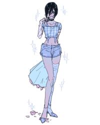 Rule 34 | 1girl, absurdres, aqua eyes, arm behind back, black choker, black hair, blue footwear, blue shirt, blue shorts, blue thighhighs, chainsaw man, choker, collarbone, elbow gloves, fingerless gloves, full body, gloves, groin, hair between eyes, hand up, highres, long legs, looking at viewer, navel, plaid, plaid shirt, reze (chainsaw man), shirt, short hair, shorts, simple background, single thighhigh, smile, solo, standing, thighhighs, white background, white gloves, yosh1to