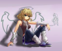 Rule 34 | 1girl, adapted costume, alternate costume, arm warmers, bare shoulders, blonde hair, chibi, crop top, ear piercing, full body, green eyes, hater (hatater), hoshiguma yuugi, leg warmers, looking at viewer, mizuhashi parsee, nail polish, non-web source, pants, piercing, pointy ears, purple background, scarf, shoes, short hair, simple background, sitting, sleeveless, sneakers, solo, touhou, wings